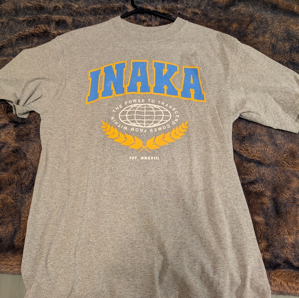 INAKA Heather Gray Tee with Blue and Yellow Print